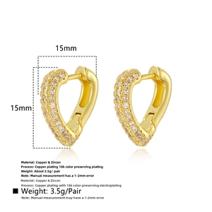Detailed specs of heart zirconia hoop earrings in 18K gold plated copper with 15mm size