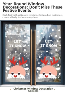Christmas window decals showing pink reindeer and snowflakes with Let It Snow text on glass