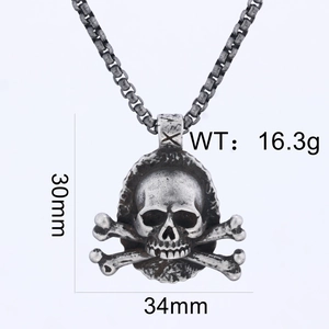 Detailed view of silver skull and crossbones pendant with dimensions 34mm by 30mm