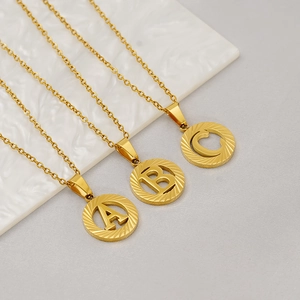 Initial Letter Pendant Necklace 18K Gold Plated Stainless Steel Round Sunburst Disk Hollow Jewelry For Women Men