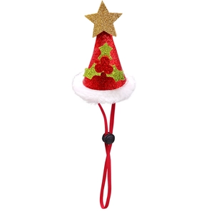 Detail of Christmas pet hat with red sequins, white faux fur trim, and adjustable strap
