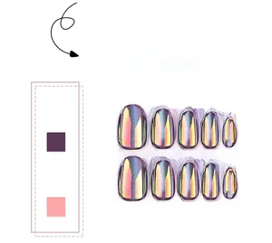 Detail of short round holographic cat eye press-on nails in purple gold gradient
