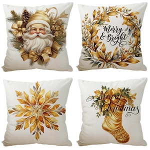 Set of 4 Christmas throw pillow covers with luxury gold reindeer and snowflake patterns