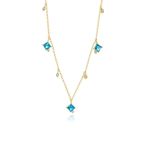 Elegant gold necklace featuring three square blue zircon stones and clear cubic zirconia