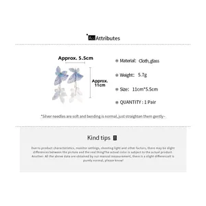 Size and material specifications for gradient blue butterfly earrings with glass beads