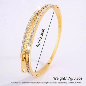 Gold titanium steel zipper bangle with sparkling rhinestones and 6cm diameter size details