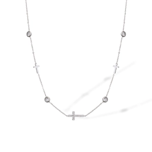 Detail view of silver titanium steel necklace featuring cross pendants and zircon stones