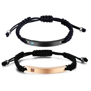 7mm adjustable woven couple bracelets with crystal inlaid metal plates in black and rose gold