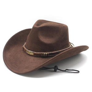 Brown suede cowboy hat with metallic feather charm and adjustable chin strap