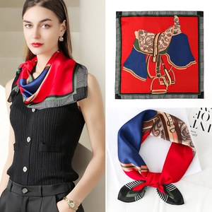 Square silk scarf with vintage saddle print and paisley patterns in rich red and navy