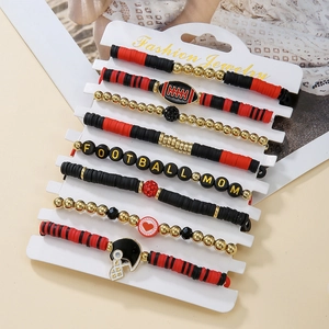 Detail of 7-piece Football Mom bracelet set with clay beads and metallic football charms