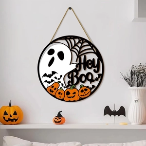 Halloween Hey Boo ghost round wooden door sign with pumpkin and spider web hollow design