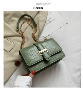 Detailed view of crocodile pattern green crossbody bag with gold buckle and chain