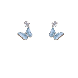 Silver needle flower and blue butterfly drop earrings with cubic zirconia crystals