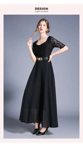 Close-up of black lace bodice with gold buckle belt on an elegant chiffon maxi dress