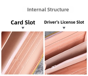 Detailed view of the internal structure with card slots and zipper pocket in pink wallet