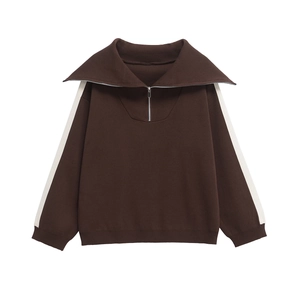 Brown half-zip knit sweater with white side stripes and long sleeves for women