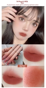 Swatches and lip application of matte velvet liquid lipstick in Oolong Apricot shade