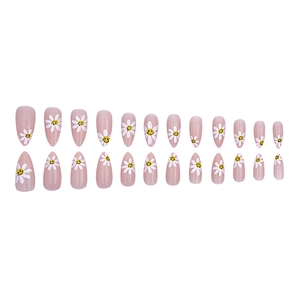 24-piece almond press-on nails set featuring nude pink base and white daisy smile patterns