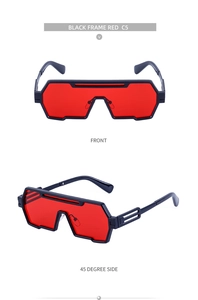 Steampunk geometric black frame sunglasses with red lenses showing front and side views