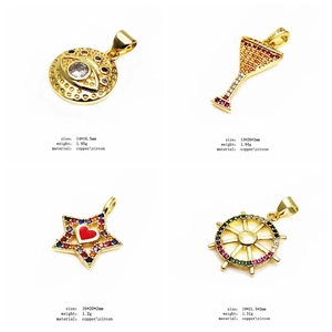 Detailed views of copper zircon pendants including evil eye, star and cocktail designs