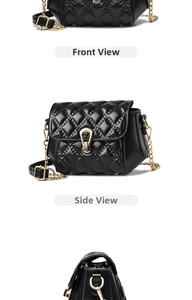 Macro shot of black quilted shoulder bag featuring premium gold hardware and U-shaped clasp
