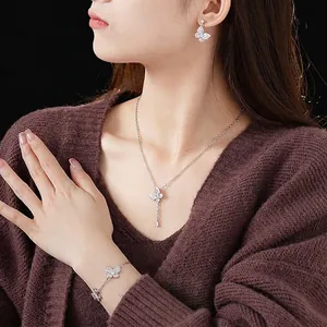 Exquisite silver butterfly jewelry set with sparkling zircon necklace and earrings