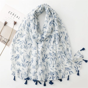 Leaf Print Scarf Polyester Shawl Thin Lightweight Floral Tassels Sun Protection Fresh Style Elegant Wrap For Women