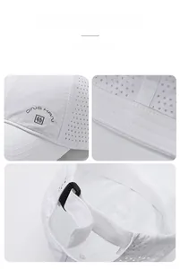 Detail of laser-cut breathable holes and velcro strap on white quick-dry baseball cap