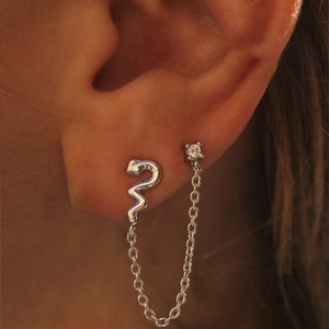 Macro view of silver snake-shaped earring with delicate chain and cubic zirconia stud