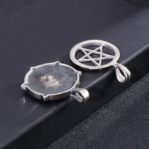 Silver stainless steel Freemason pentagram pendant necklace for men on black background