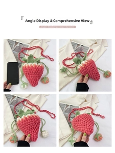 Detail view of handmade crochet strawberry bucket bag with green leaves and strap