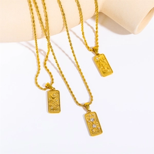 Vintage 18K gold plated tarot square pendant necklace set with stainless steel twist chains