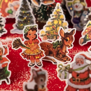 Vintage Christmas party stickers featuring Santa Claus, a girl, and a deer on red felt