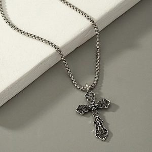 Retro Cross Pendant Necklace Alloy Antique Silver Engraved Pattern Box Chain Hip Hop Vintage Style Jewelry For Men