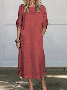 Women's casual brick red linen maxi dress with short sleeves and large side pockets