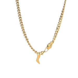18K gold plated snake necklace with Cuban chain and green gemstone eyes for women