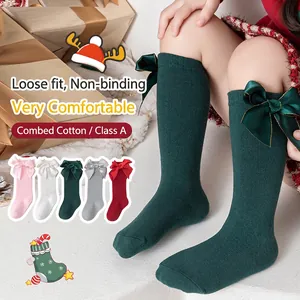 Chaussettes hautes en coton peigné avec nœud pour tout-petits en cinq coloris
