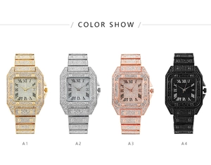 Luxury square women watches in gold, silver, rose gold, and black with full diamond inlay