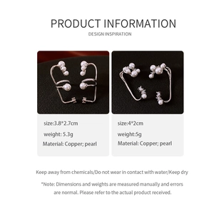 Detailed size and material chart for French zircon pearl ear clips in silver copper finish
