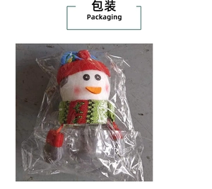 Detail of Christmas snowman candy jar with red plush hat and green-red knitted scarf