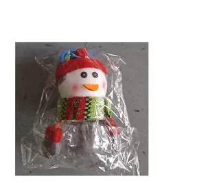 Detail of Christmas snowman candy jar with red plush hat and green-red knitted scarf