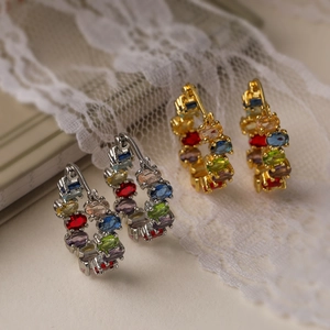 Fashion Colorful Rhinestone Geometric Hoop Earrings Copper Gold Silver Plated Niche Design Ear Jewelry For Women Daily Party