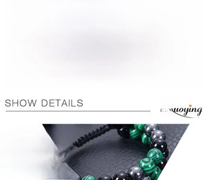 Detail view of 8mm malachite and obsidian braided bracelet with size specifications
