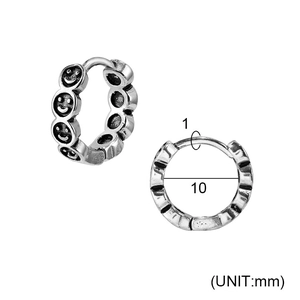 Detail of vintage steel smiley hoop earrings showing 10mm inner diameter and 1mm thickness