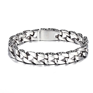 Silver 316L stainless steel Cuban chain bracelet with engraved black vintage patterns