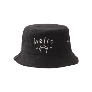 Detail of embroidered 'hello' text and paw print on black cotton kids bucket hat