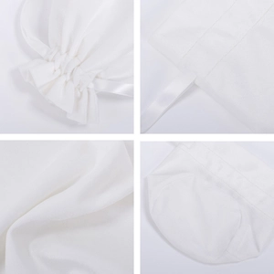 Detail shots of white velvet drawstring bag showing fabric texture and round base