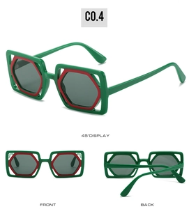 Multi-angle view of oversized green square sunglasses with red inner hexagonal frames