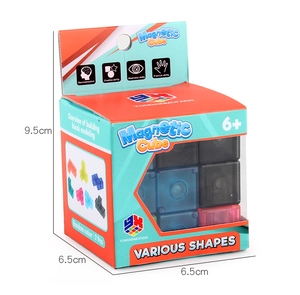 Macro shot of colorful magnetic blocks set showing dimensions 9.5x6.5x6.5cm on the box